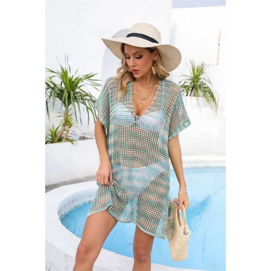Openwork Slit V - Neck Cover Up Teal / One Size Apparel and Accessories