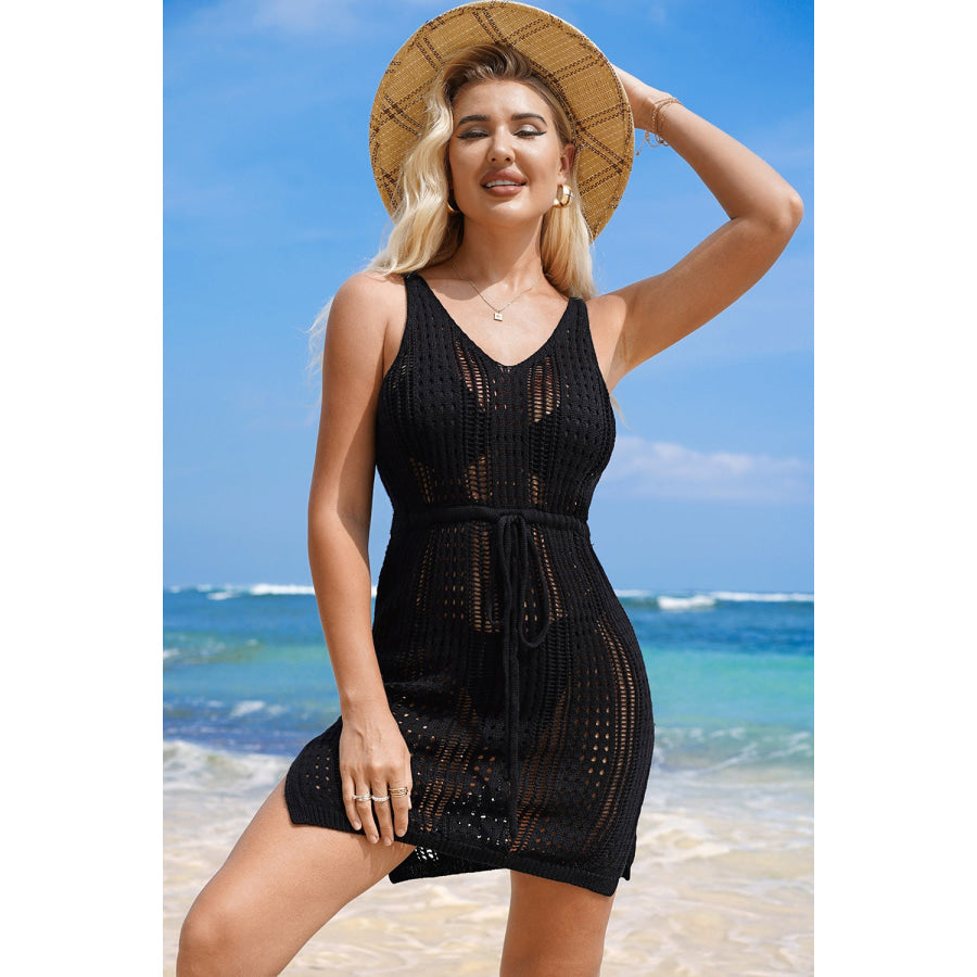 Openwork Slit V-Neck Sleeveless Cover Up Dress Apparel and Accessories