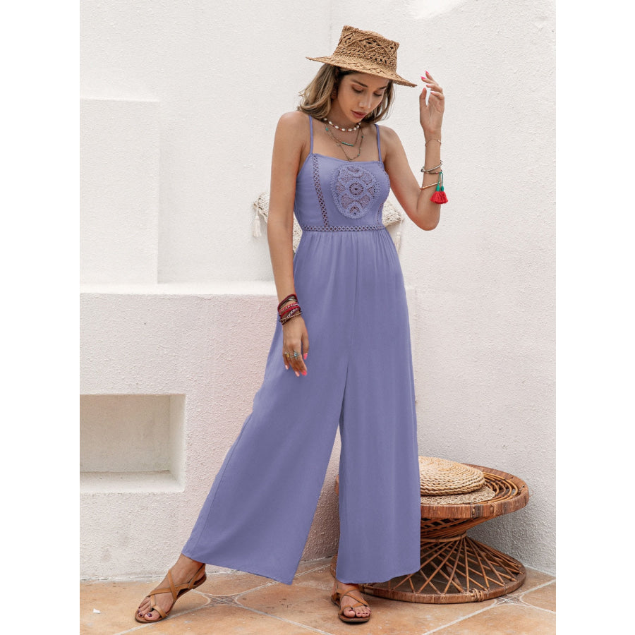 Openwork Spaghetti Strap Wide Leg Jumpsuit Apparel and Accessories