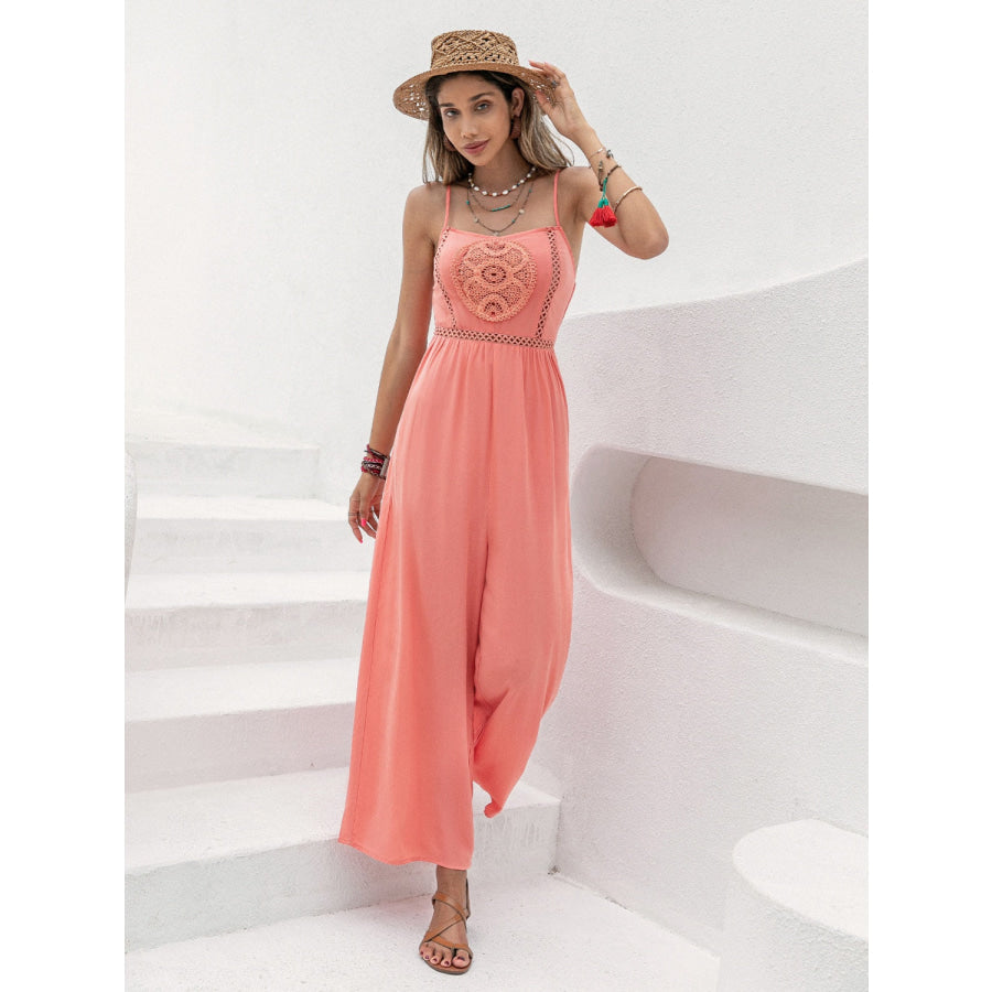 Openwork Spaghetti Strap Wide Leg Jumpsuit Apparel and Accessories