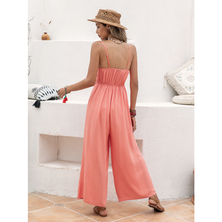 Openwork Spaghetti Strap Wide Leg Jumpsuit Apparel and Accessories