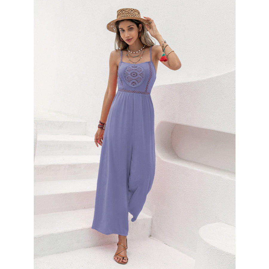 Openwork Spaghetti Strap Wide Leg Jumpsuit Apparel and Accessories