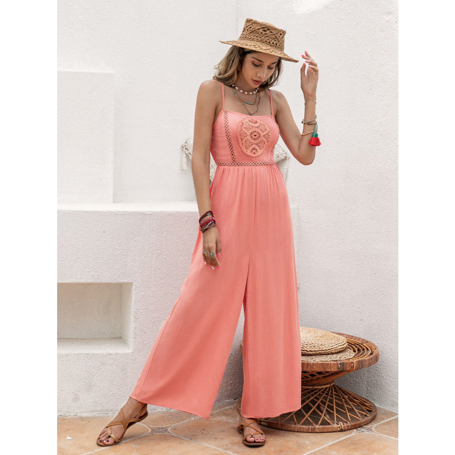 Openwork Spaghetti Strap Wide Leg Jumpsuit Apparel and Accessories