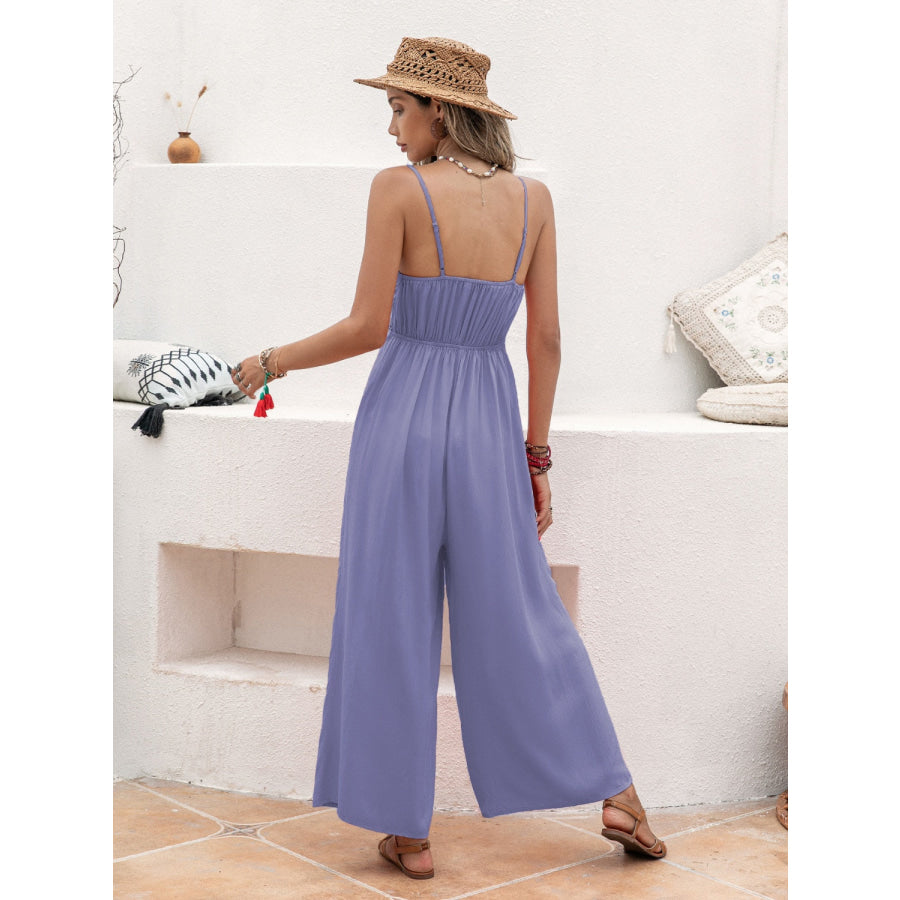 Openwork Spaghetti Strap Wide Leg Jumpsuit Apparel and Accessories