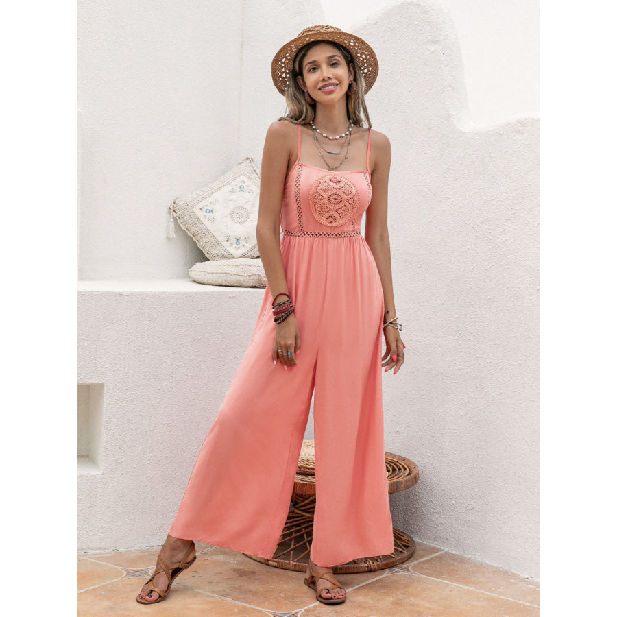 Openwork Spaghetti Strap Wide Leg Jumpsuit Coral / S Apparel and Accessories