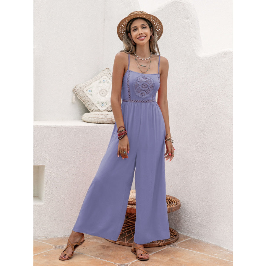 Openwork Spaghetti Strap Wide Leg Jumpsuit Lavender / S Apparel and Accessories