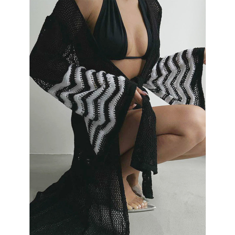 Openwork Striped Flare Sleeve Cover - Up Apparel and Accessories