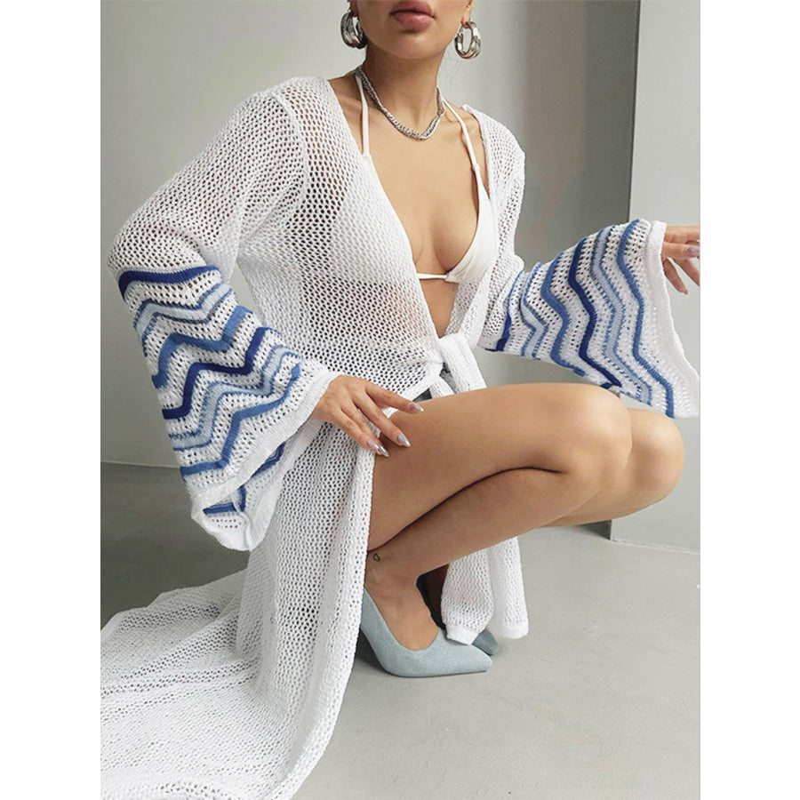 Openwork Striped Flare Sleeve Cover - Up Apparel and Accessories