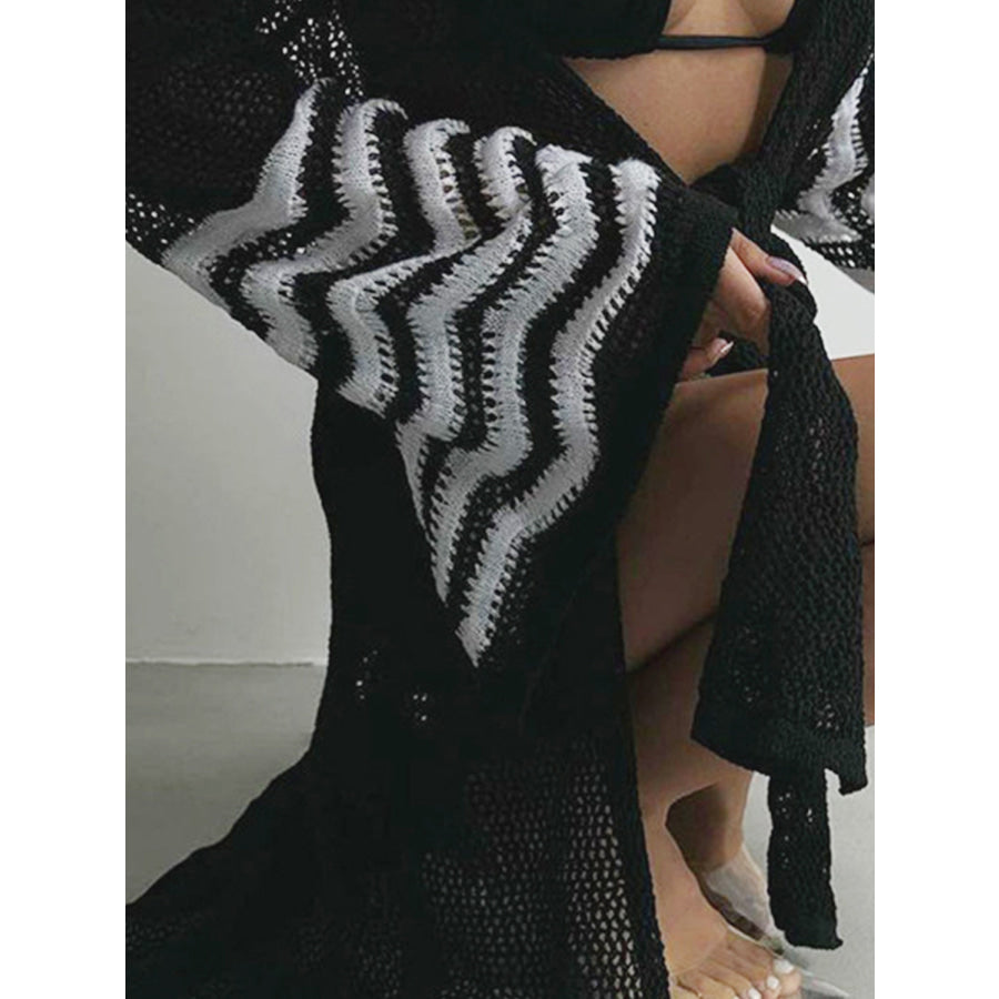 Openwork Striped Flare Sleeve Cover - Up Apparel and Accessories