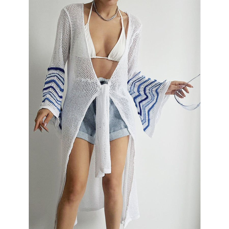 Openwork Striped Flare Sleeve Cover - Up White / One Size Apparel and Accessories