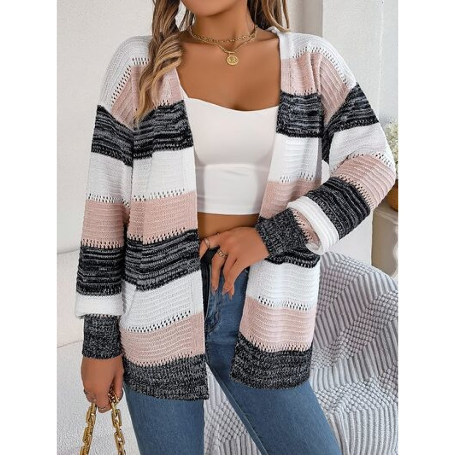 Openwork Striped Open Front Cardigan Blush Pink / S Clothing