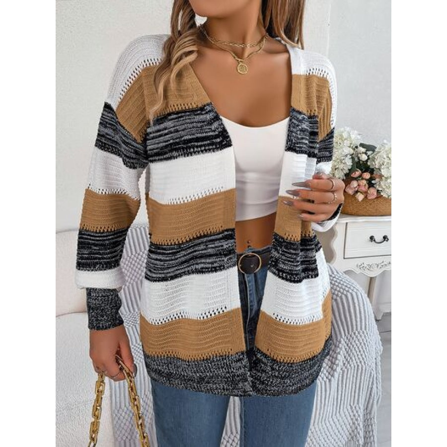 Openwork Striped Open Front Cardigan Camel / S Clothing