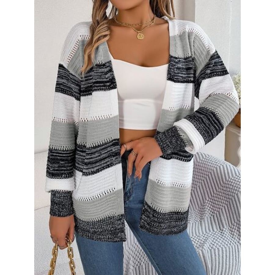 Openwork Striped Open Front Cardigan Charcoal / S Clothing