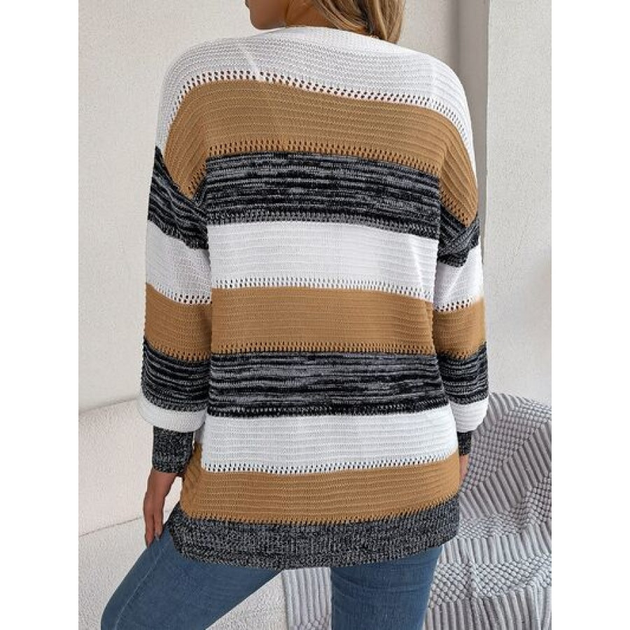 Openwork Striped Open Front Cardigan Clothing