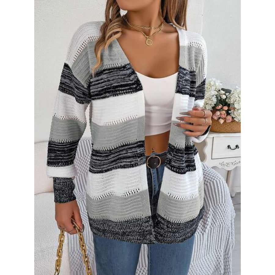 Openwork Striped Open Front Cardigan Clothing