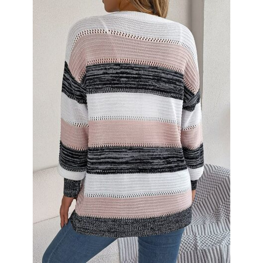 Openwork Striped Open Front Cardigan Clothing