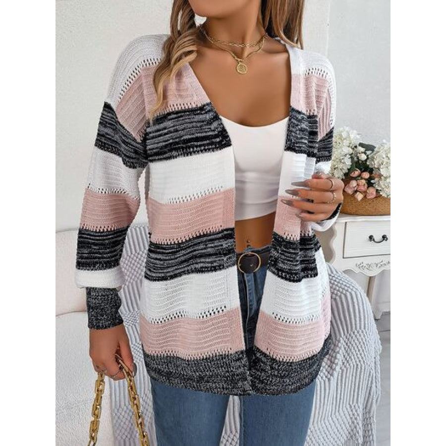 Openwork Striped Open Front Cardigan Clothing