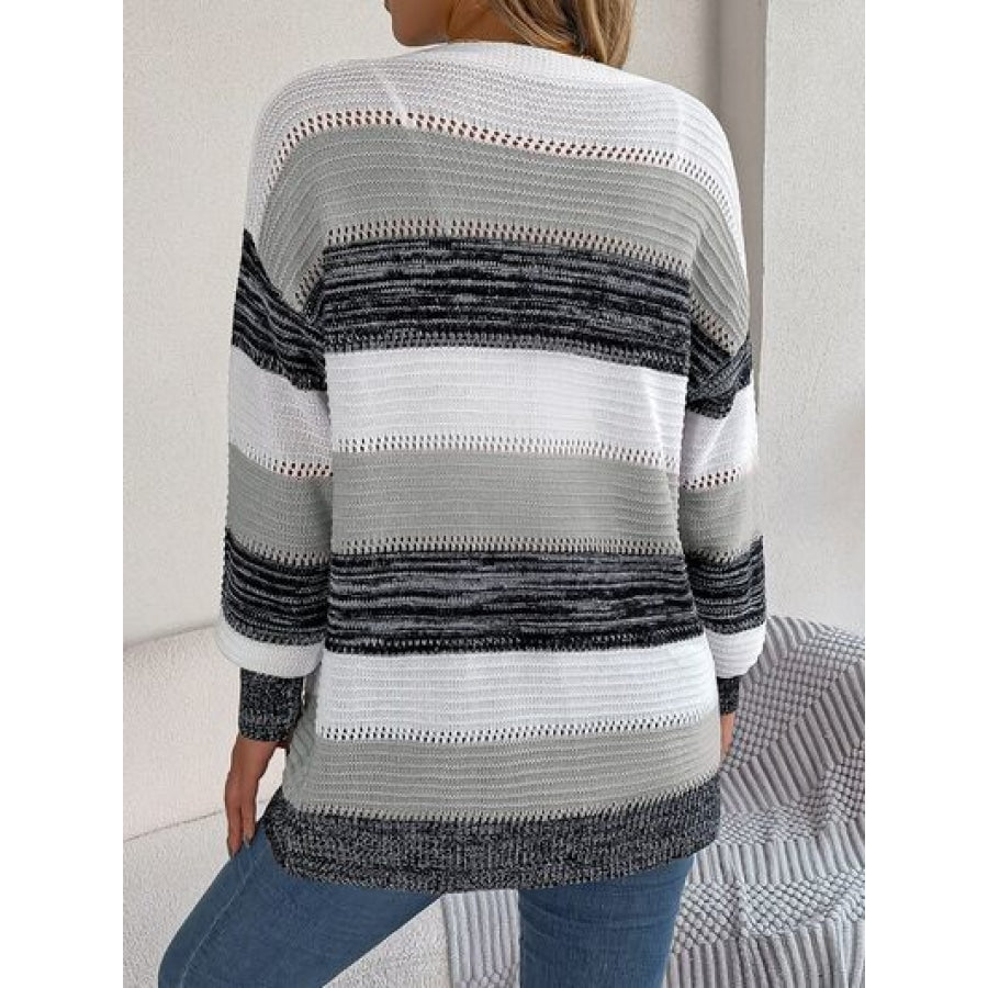 Openwork Striped Open Front Cardigan Clothing