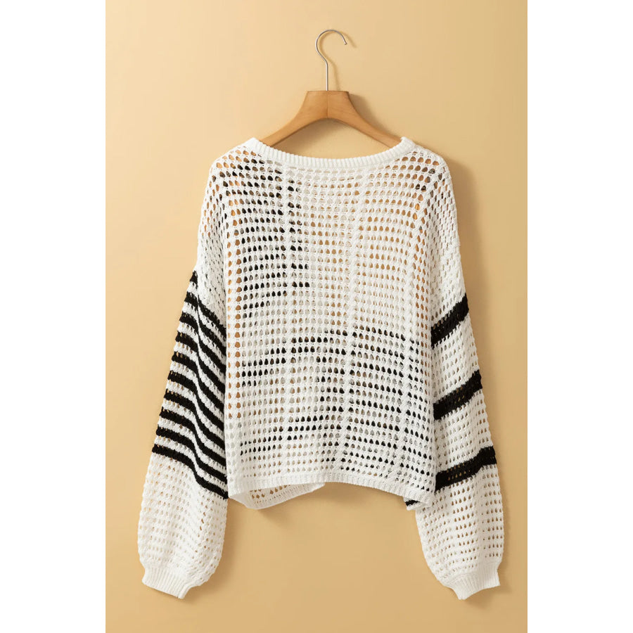 Openwork Striped Round Neck Knit Cover Up Apparel and Accessories