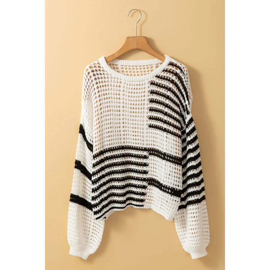 Openwork Striped Round Neck Knit Cover Up Apparel and Accessories