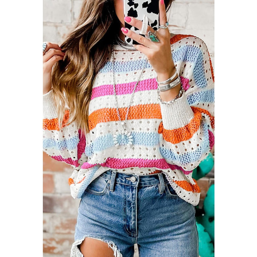 Openwork Striped Round Neck Long Sleeve Knit Top