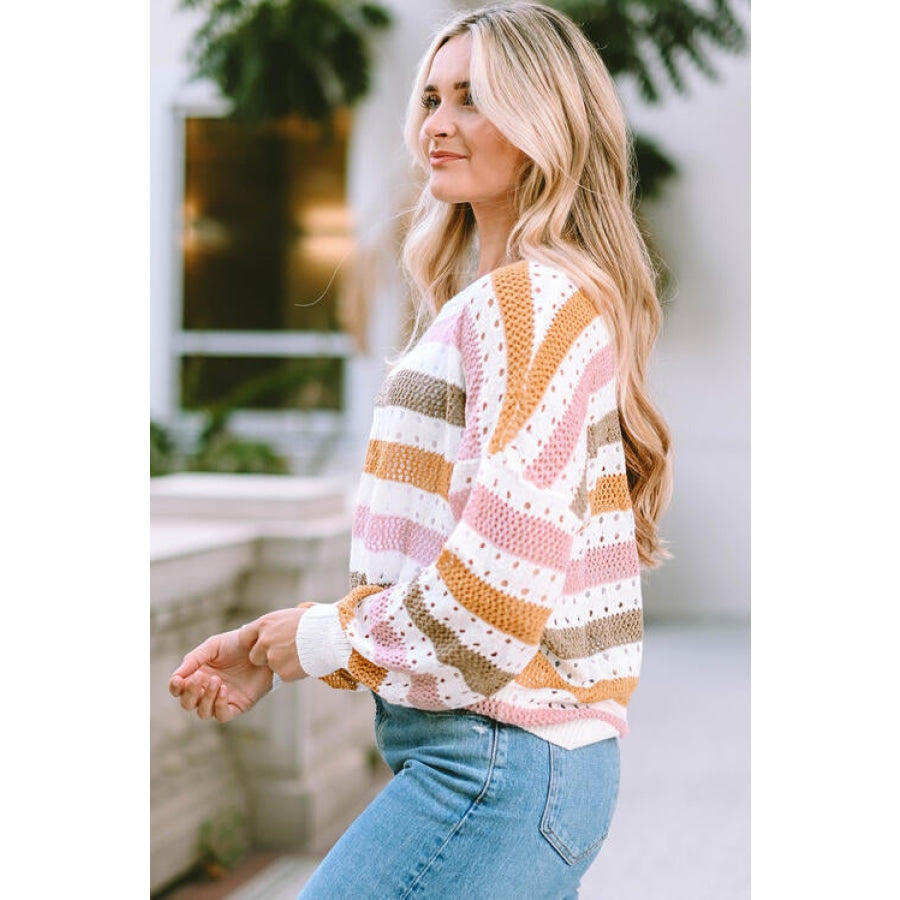 Openwork Striped Round Neck Long Sleeve Knit Top