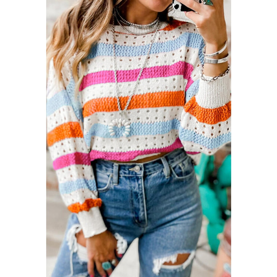 Openwork Striped Round Neck Long Sleeve Knit Top