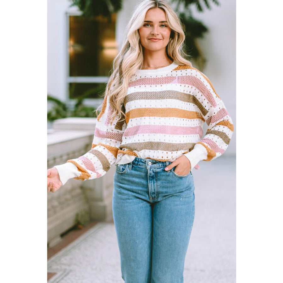 Openwork Striped Round Neck Long Sleeve Knit Top