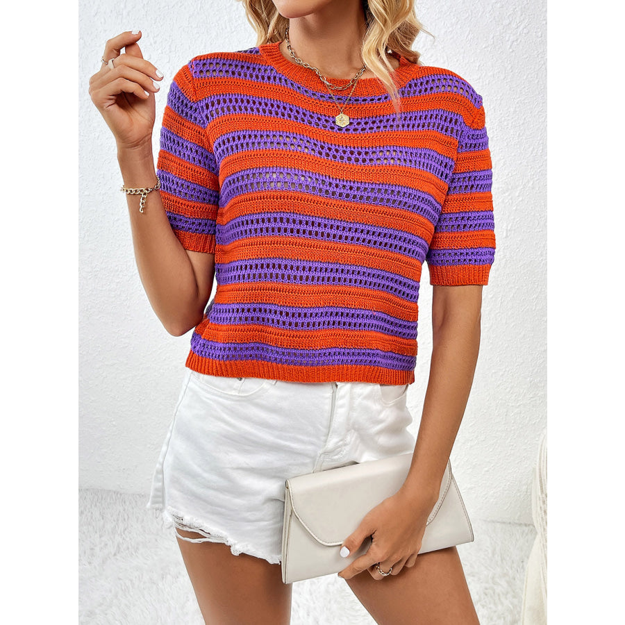 Openwork Striped Round Neck Short Sleeve Knit Top Apparel and Accessories