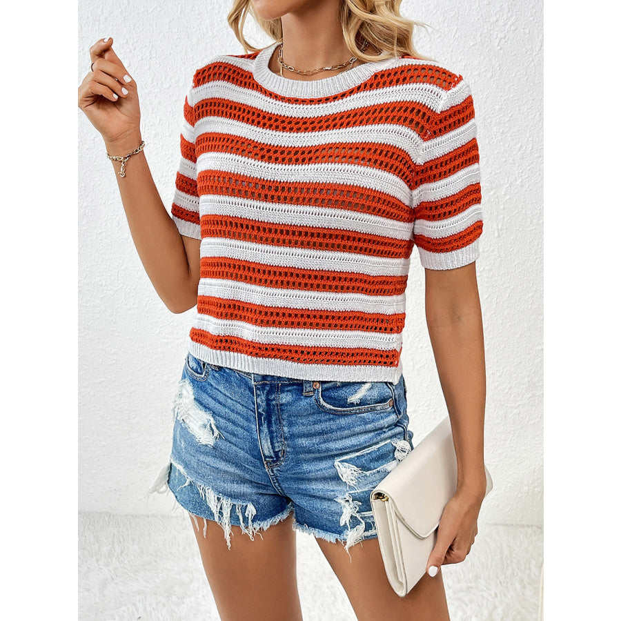 Openwork Striped Round Neck Short Sleeve Knit Top Apparel and Accessories