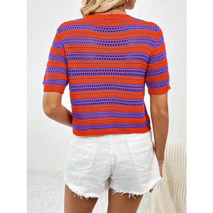 Openwork Striped Round Neck Short Sleeve Knit Top Apparel and Accessories