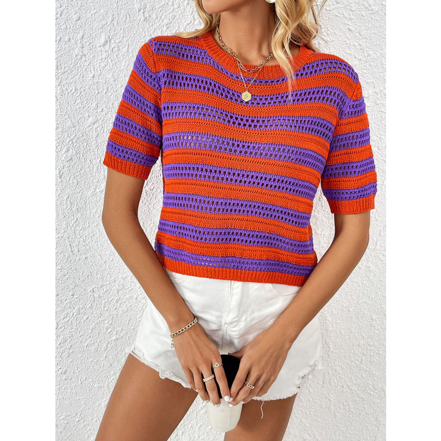 Openwork Striped Round Neck Short Sleeve Knit Top Lavender / S Apparel and Accessories