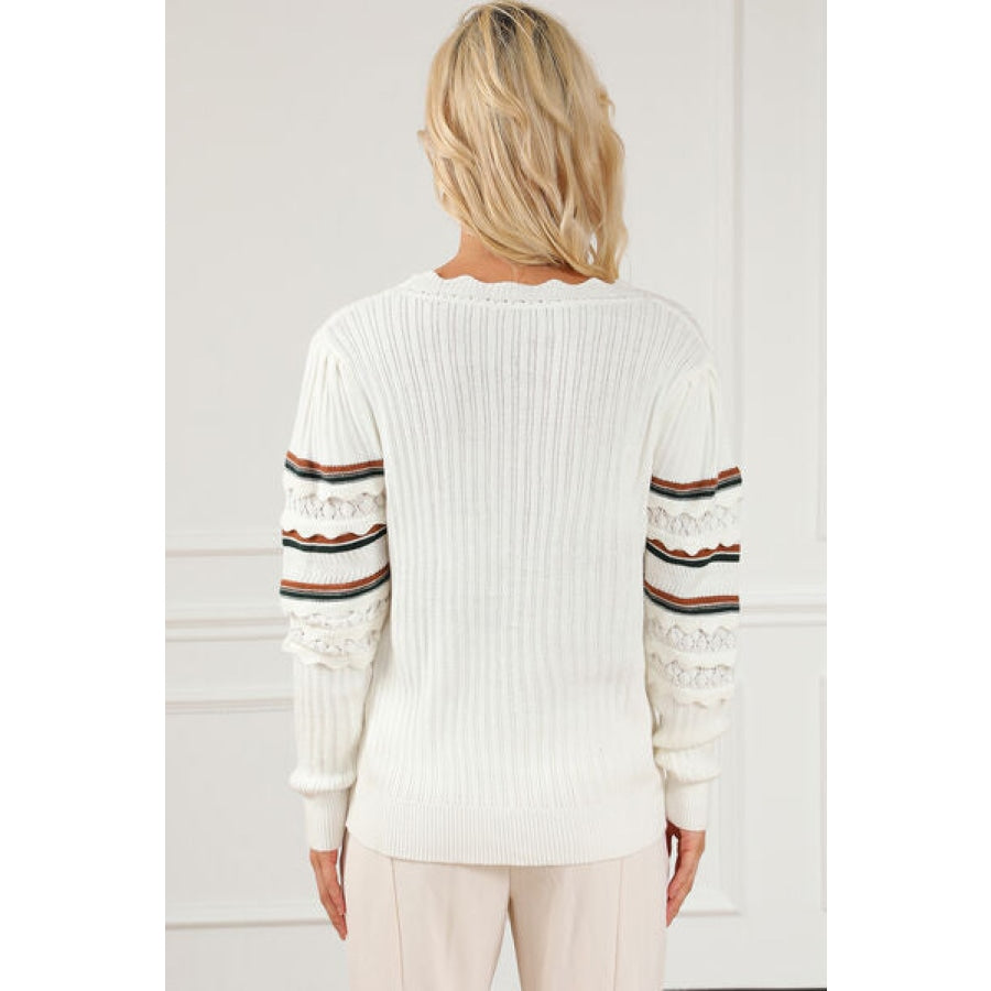 Openwork Striped Round Neck Sweater White / S Clothing