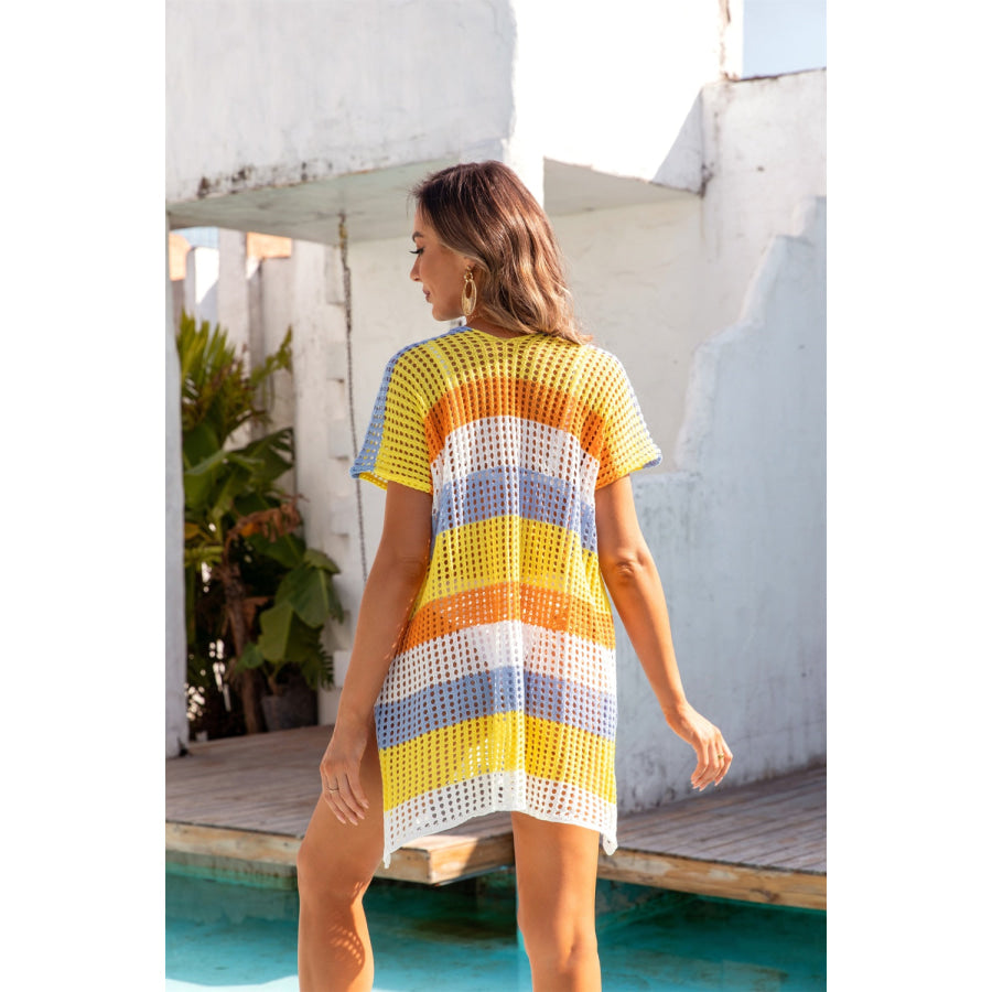 Openwork Striped V - Neck Short Sleeve Cover Up Apparel and Accessories