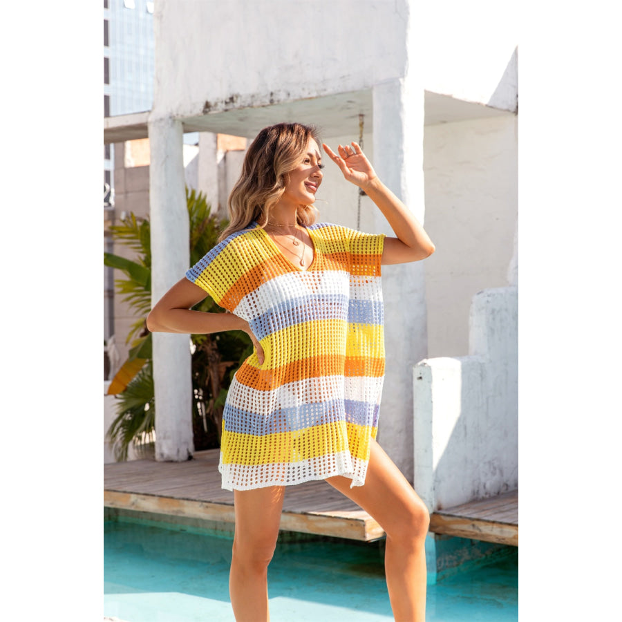 Openwork Striped V - Neck Short Sleeve Cover Up Apparel and Accessories