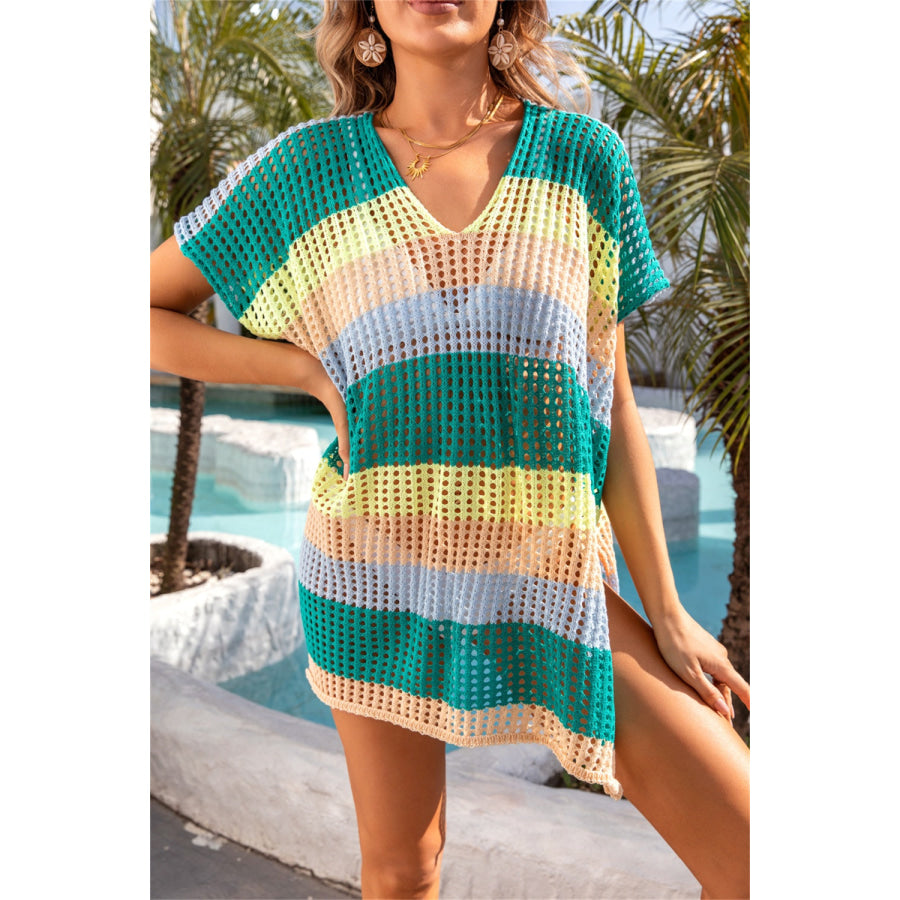 Openwork Striped V - Neck Short Sleeve Cover Up Apparel and Accessories