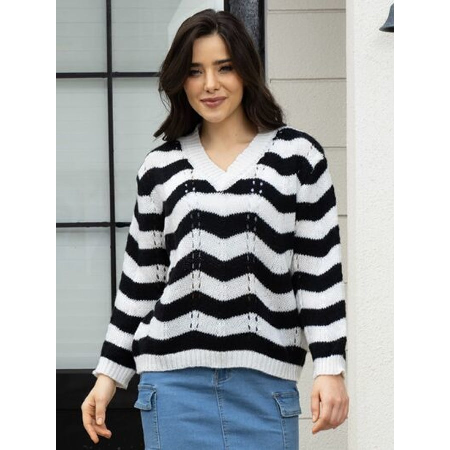 Openwork Striped V-Neck Sweater Black / S Clothing