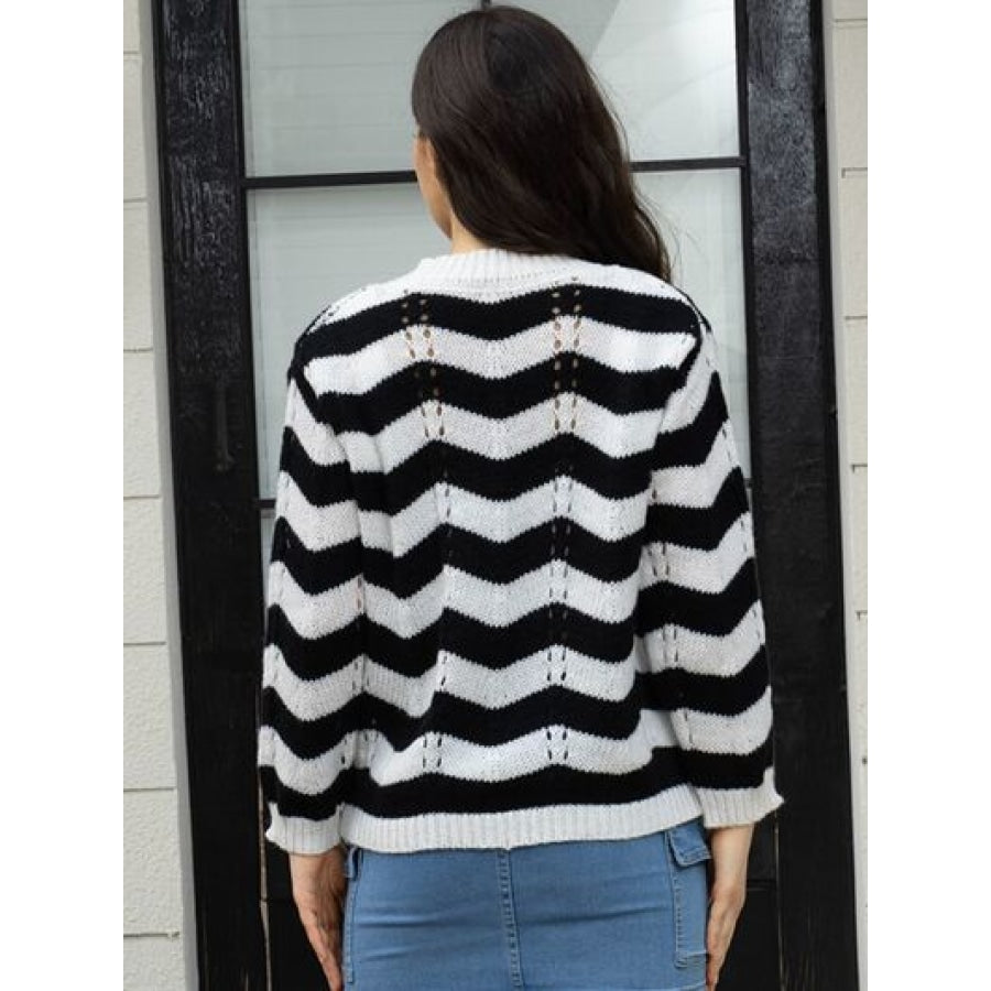 Openwork Striped V-Neck Sweater Clothing