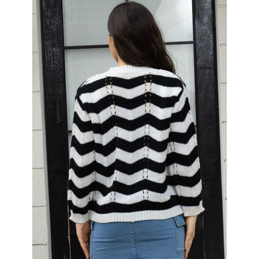 Openwork Striped V-Neck Sweater Black / S Clothing
