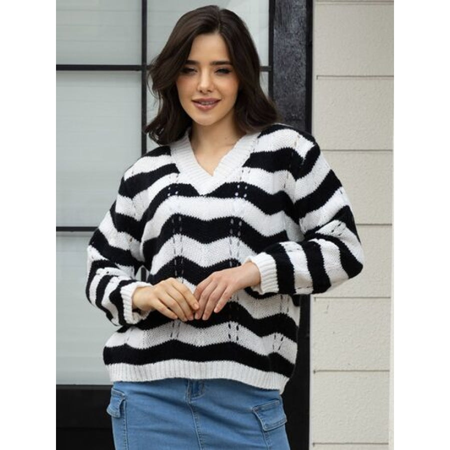 Openwork Striped V-Neck Sweater Clothing