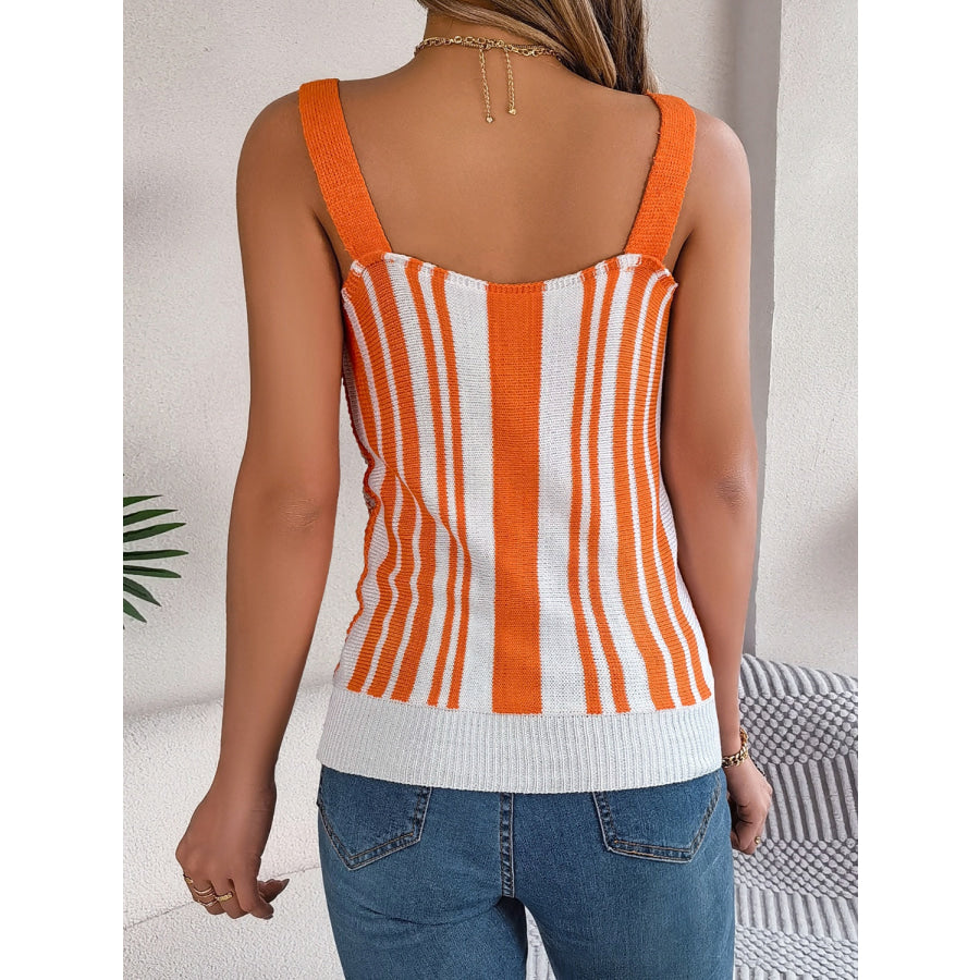 Openwork Striped V - Neck Tank Apparel and Accessories