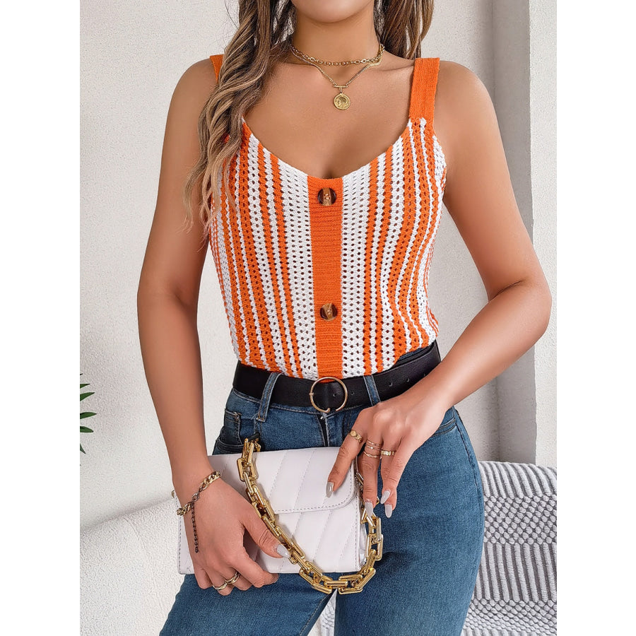 Openwork Striped V - Neck Tank Orange / S Apparel and Accessories