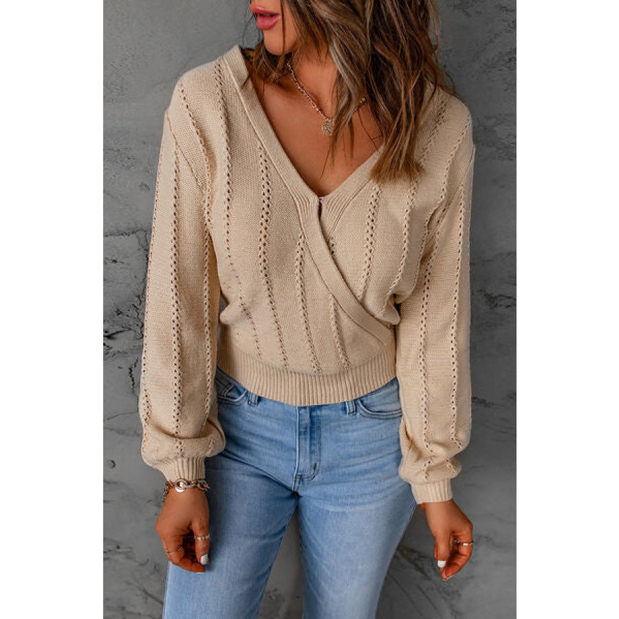 Openwork Surplice Dropped Shoulder Sweater Tan / S Clothing
