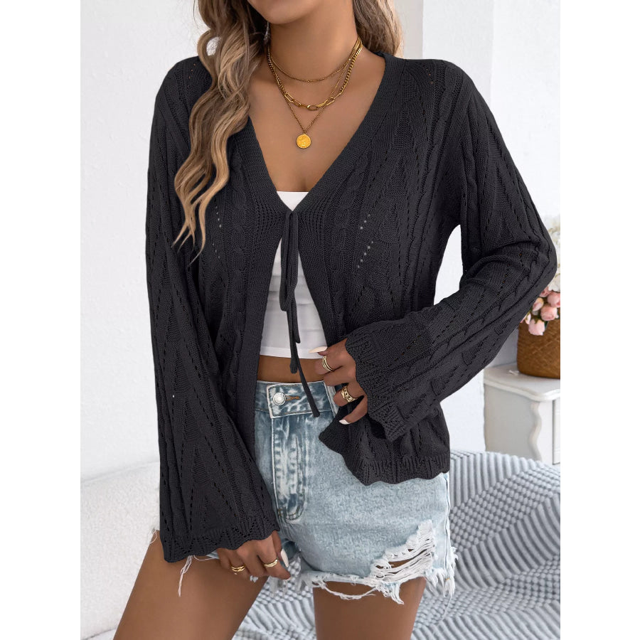 Openwork Tie-Front Knit Cardigan Black / S Apparel and Accessories
