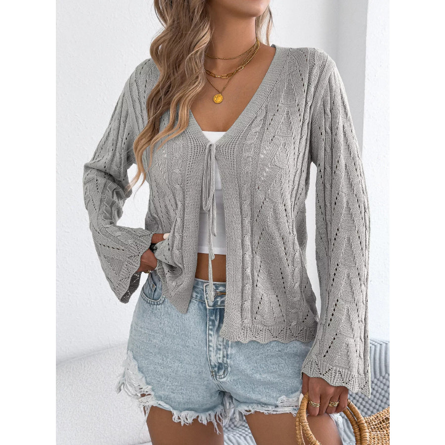 Openwork Tie-Front Knit Cardigan Gray / S Apparel and Accessories