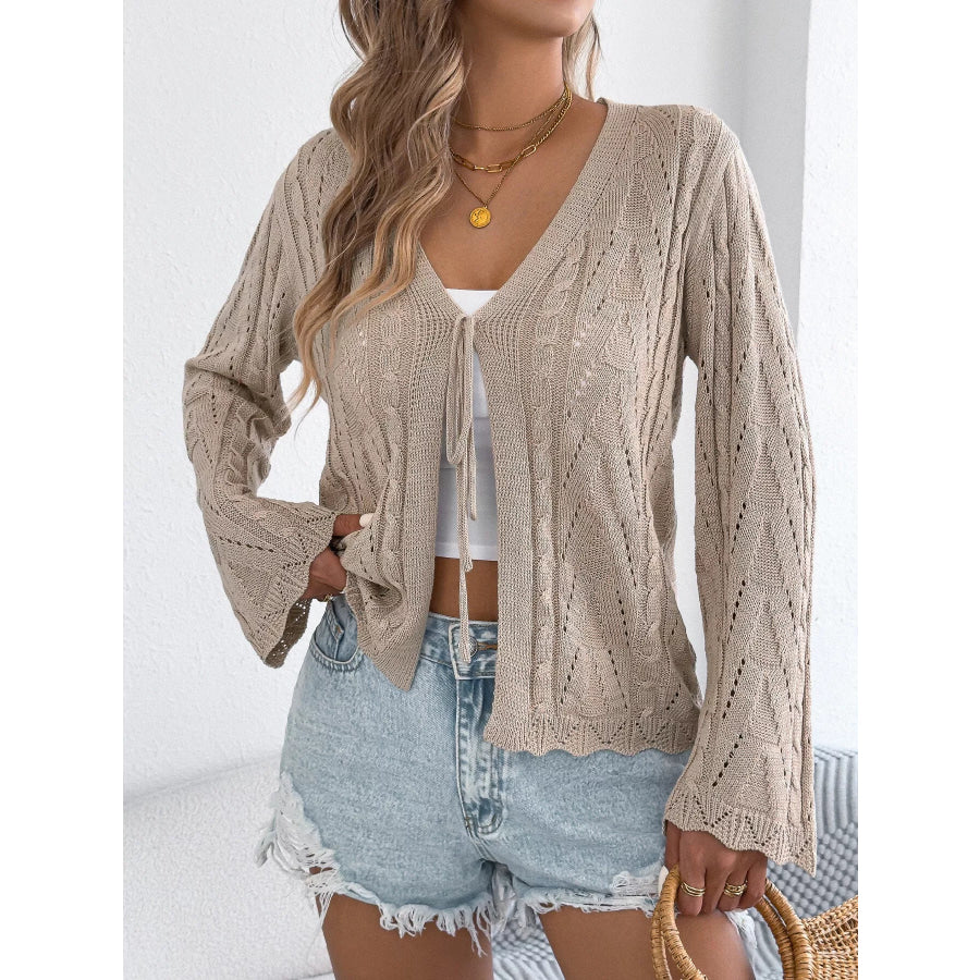 Openwork Tie-Front Knit Cardigan Khaki / S Apparel and Accessories