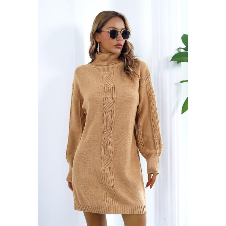 Openwork Turtleneck Long Sleeve Sweater Dress Camel / S