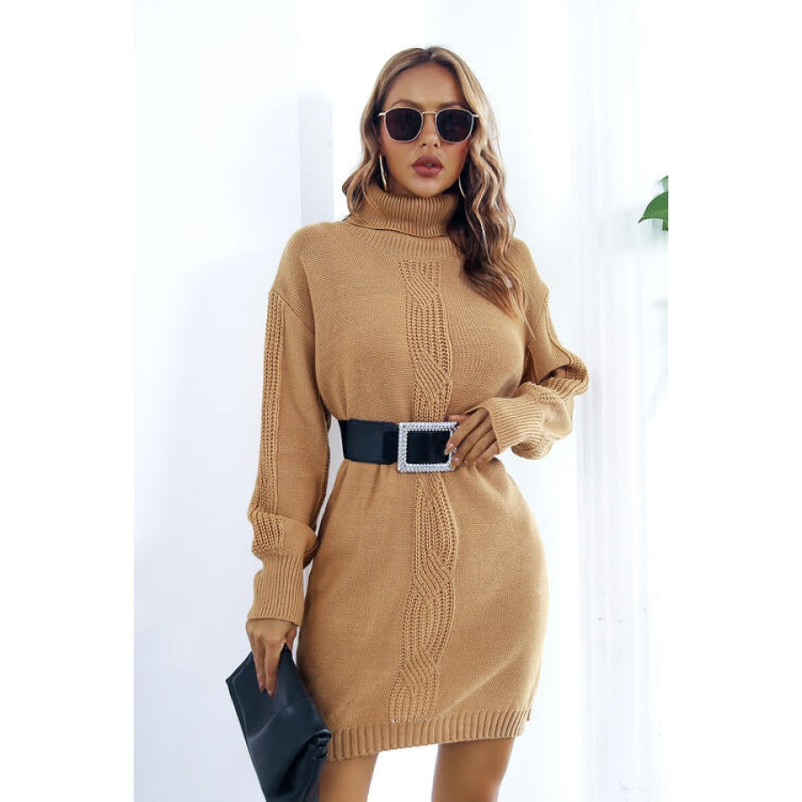 Openwork Turtleneck Long Sleeve Sweater Dress