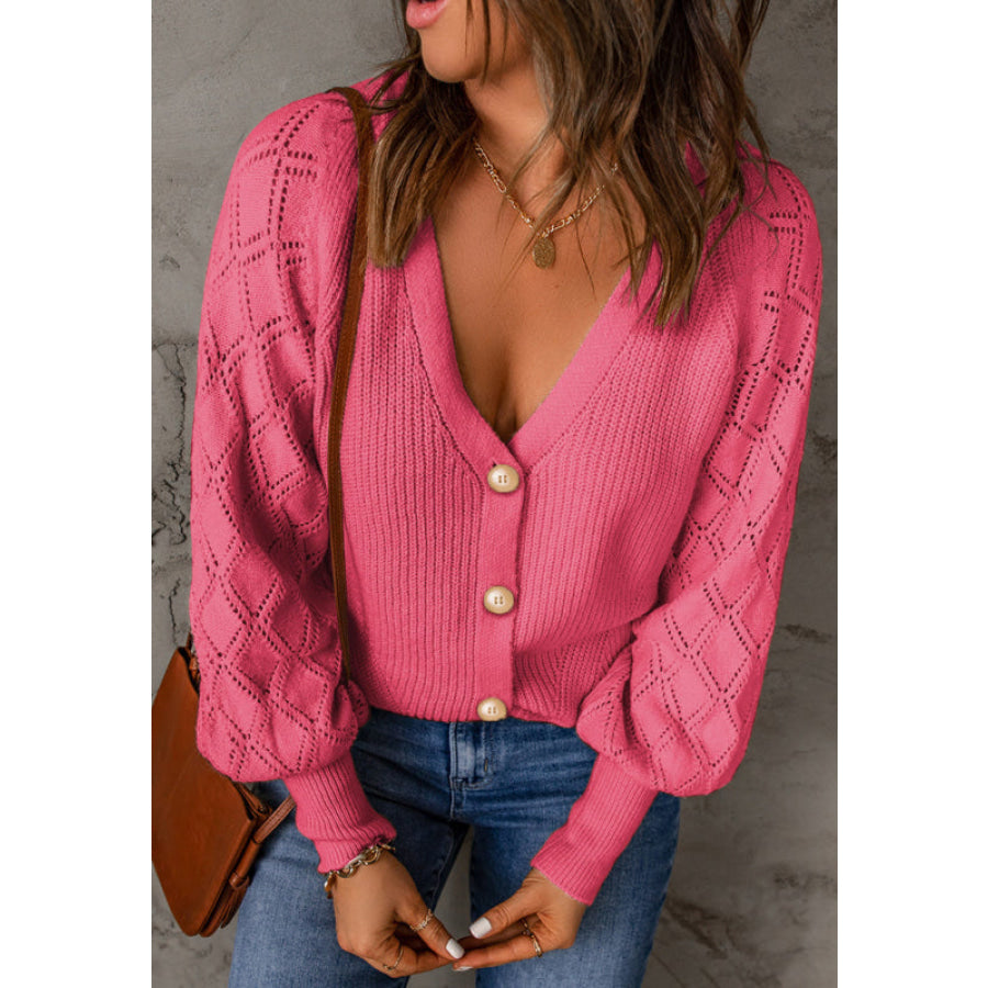 Openwork V-Neck Button Up Cardigan Apparel and Accessories