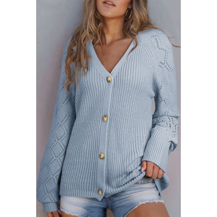 Openwork V-Neck Button Up Cardigan Apparel and Accessories